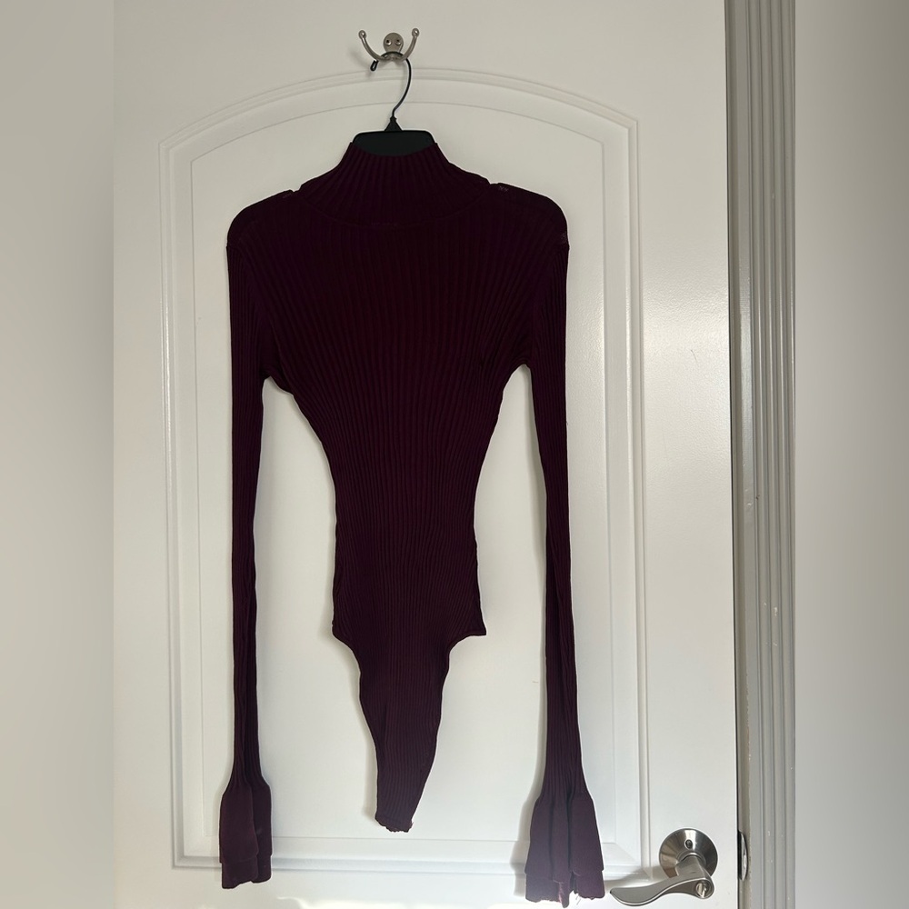 Free People Intimately Burgundy Peplum Hem Sleeves Bodysuit size medium goth